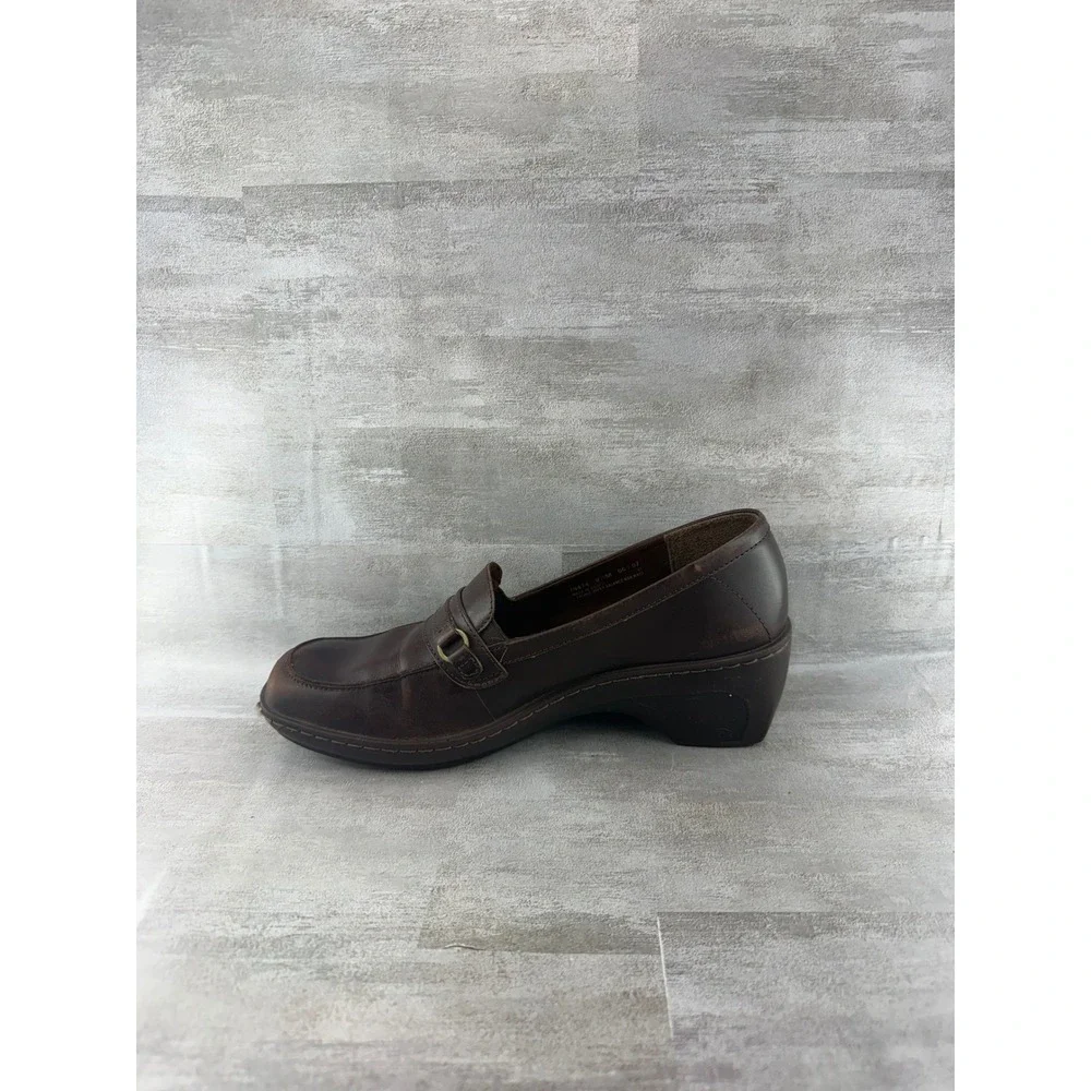 Clarks Women Brown Leather Block Heel Loafers Square Moc Toe 79474 Size 9.5M